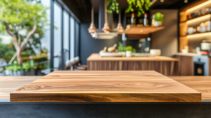 Elegant Dining Space, Wooden Table Set Against a Softly Blurred Restaurant Interior, Ready for a Gourmet Experience