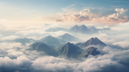 Aerial view flying in the midst of clouds in the sky with mountain background