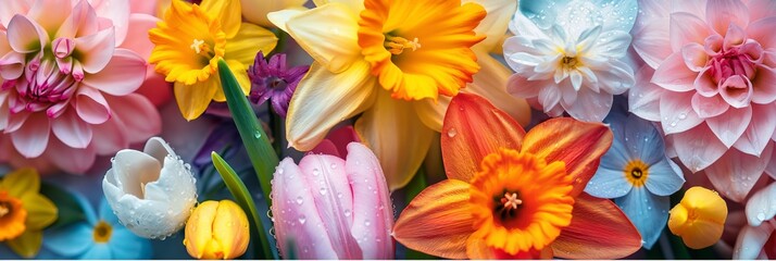 Banner of close-up variety of bright colorful spring flowers in full bloom