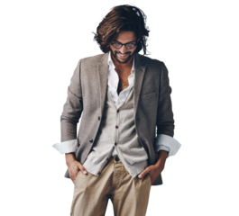 Smile, fashion and man in casual suit for creative business, confidence and glasses. Relax, professional style and happy Indian businessman with trendy clothes isolated on transparent png background.