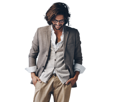 Smile, fashion and man in casual suit for creative business, confidence and glasses. Relax, professional style and happy Indian businessman with trendy clothes isolated on transparent png background.