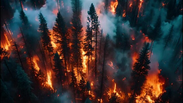 Aerial view of a forest ravaged by fire, with scorched trees and smoldering embers stretching as far as the eye can see, highlighting the devastation left in the wake of a wildfire