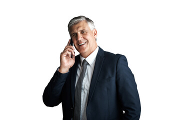 Mature, businessman and phone call for communication of deal, happy and connection in corporate job. Senior management, executive and talking on cellphone and isolated on transparent png background