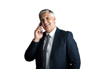 Mature, businessman and phone call for communication of deal, happy and connection in corporate job. Senior management, executive and talking on cellphone and isolated on transparent png background