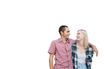 Couple, love and laugh together with happiness for relationship, romance and affection for support. Man, woman and happy for commitment, bonding and looking isolated on a transparent png background