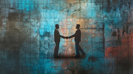 Two corporate professionals in a tense negotiation over a complex business dispute, finally reaching a final agreement with a handshake. - obrazy, fototapety, plakaty