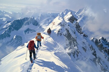 Group of climbers ascending a snowy mountain peak with clear skies.