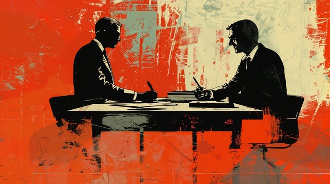 Two corporate professionals in a tense negotiation over a complex business dispute, finally reaching a final agreement with a handshake.