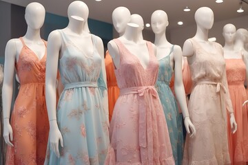 modern various summer dresses on mannequins in the store - obrazy, fototapety, plakaty