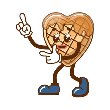 Heart shaped waffle, cartoon style. Funny dessert mascot in retro style for cafe. Vector illustration