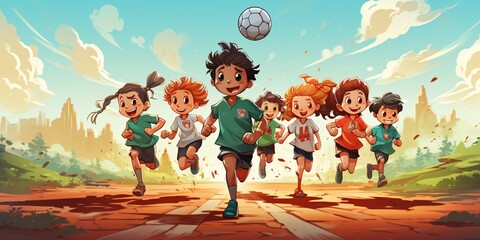 a group of kids running with a football ball - obrazy, fototapety, plakaty