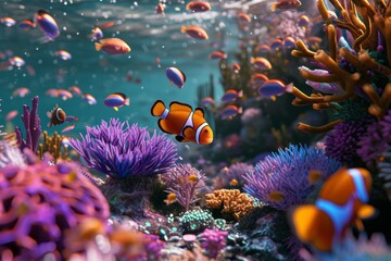 Vibrant underwater scene with clownfish among colorful coral reef and tropical fish in a marine aquarium.