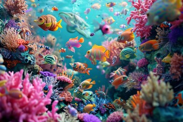 Naklejka na ściany i meble Vibrant underwater scene with colorful tropical fish swimming among vivid coral reefs.