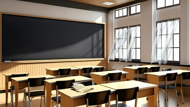 The animation shows a classroom in the school with curtains moving and books open due to the wind. This illustration depicts back to school.