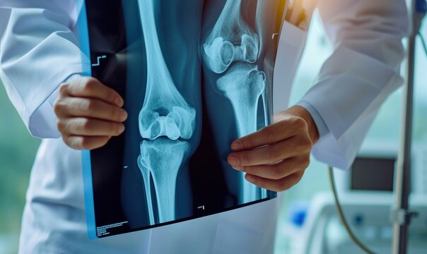 Doctor examine patient's joint x-ray scan. Radiologists holding and analysing the MRI image.