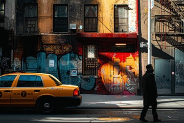 Vivid street graffiti provides a colorful backdrop to a classic yellow taxi in the city.