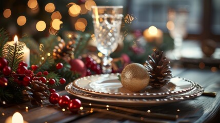 Festive table setting with decorations and soft lighting