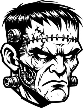 Frankenstein head mascot, cartoon illustration 