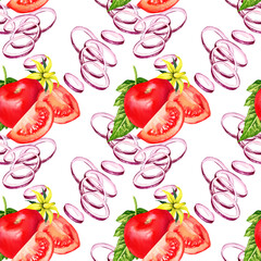 seamless pattern with fresh tomatoes, leaves and yellow flowers of tomatoes, slices of onion and tomatoes, watercolor hand drawn illustration isolated on white background