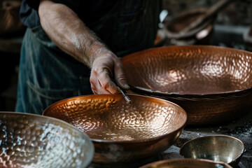 An Indian coppersmith, metalsmith, blacksmith, manufacturing hammered copper bowls for Indian restaurants.