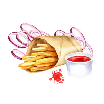watercolor composition with fast food, hand drawn illustration of slices of onion, different splashes, fried potatoes in craft package, red tomatoes souse isolated on white background