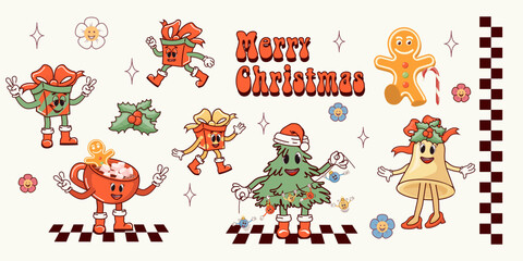 Fototapeta premium Merry Christmas. A set of retro characters in a cartoon style groovy. Atmosphere of the 60's and 70's. Merry Christmas and Happy New Year. Vector illustration