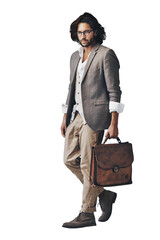 Isolated man, leather bag and fashion with looking for vintage style on travel by transparent png...