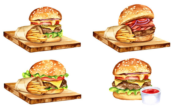 watercolor set of fast food, burger, hamburger, cheeseburger on wooden cutting board, hand drawn illustration of fried potatoes in craft, burger, red tomatoes souse isolated on white background