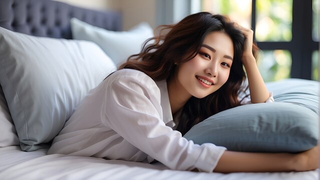 Close up of happy asian girl lying in bed on her pillow, smiling and rolling over as feeling energetic in morning, waking up early.