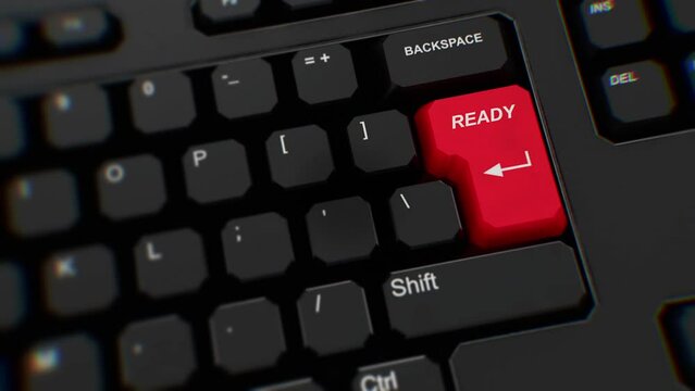 Ready button on keyboard. A finger presses Enter. Click ready. Realistic keyboard button. Red button ready. Get ready. Prepared. Set for action. Office keyboard with unique word to enter. Close Up CGI