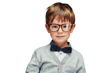 Portrait, child and student in bowtie with glasses and confident boy in trendy clothes with fashion. Kid model, face or cute in style jersey for kindergarten or isolated on transparent png background