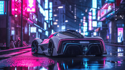 A sleek, high-end sports car glistens under the city lights as it speeds down the wet street, exuding luxury and power - obrazy, fototapety, plakaty