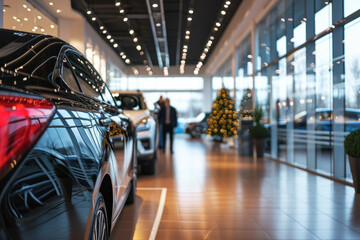 Sleek black car in a dealership showroom. Car agent, car rental