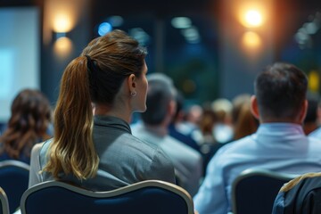 Fototapeta premium A woman seated in front of a large gathering of individuals attending a conference, Business people in a conference hall listening to a presentation, AI Generated