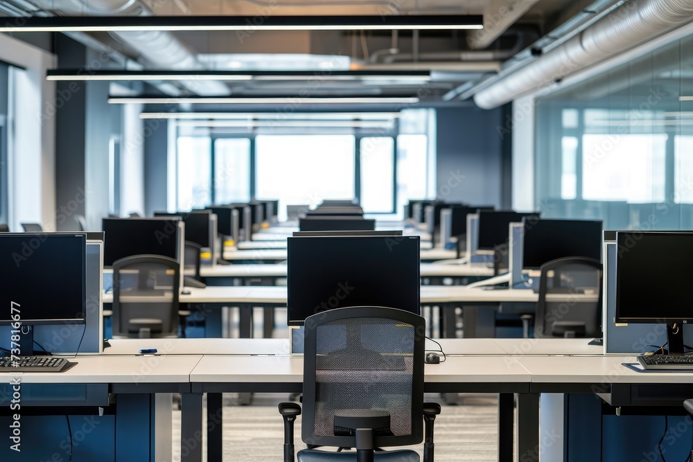 Poster rows of numerous desk top computers fill a spacious room in an office, creating a busy and productiv