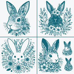 Happy Easter Floral Rabbit vector , Rabbit Silhouette vector file