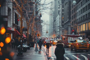 Busy City Street With Heavy Traffic Surrounded by Tall Buildings, Busy streets of New York during a festive season, AI Generated