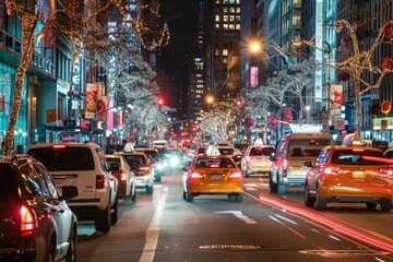 Fototapeta na wymiar A city street illuminated by bright lights during nighttime, bustling with heavy traffic and cars moving in multiple lanes, Busy streets of New York during a festive season, AI Generated
