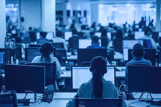 A diverse group of professionals focused and working on computers in a contemporary office setting, Busy call center office with rows of desks and computers, AI Generated - Powered by Adobe