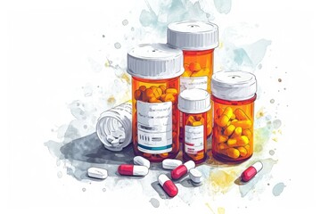 A watercolor painting depicting pills spilling out of bottles, showcasing the potential dangers of medication, Captioned illustration listing types of opioids, AI Generated