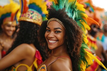 A woman wearing a vibrant headdress smiles directly at the camera, Carnival celebration with...