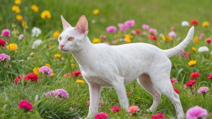 Obraz premium White cornish rex cat in flower field