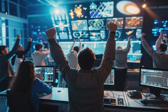 A diverse group of individuals in a control room raising their hands in a unified gesture, Celebration of a successful space mission in a control room, AI Generated