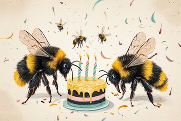 Two bees are using their wings to extinguish the candles on a colorful birthday cake, Charming drawn bumblebees celebrating a buzzing birthday, AI Generated - obrazy, fototapety, plakaty