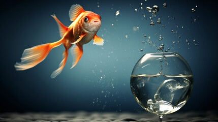 A goldfish jumping out of an aquarium to another.