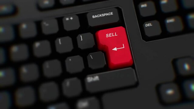 Sell red button on keyboard. A finger presses Sell. Click Sell. Realistic keyboard button. Red button Sell to push. Set for action. Keyboard with unique word to press. Close-up CGI