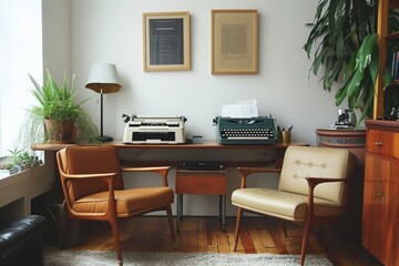 A vintage-styled room showcasing a wooden desk, a leather chair, and a classic typewriter, Chic, minimalist writers' office with typewriters, AI Generated