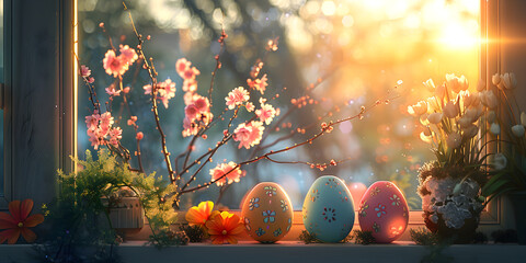 Beautiful easter background with colorful tulips and easter eggs. - obrazy, fototapety, plakaty