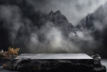 a white rectangular table with a tree in front of mountains