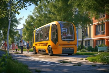 Obraz premium A yellow bus is parked on the side of a road, creating a noticeable scene against the backdrop of the surrounding landscape, Children playing near a self-driving electric school bus, AI Generated
